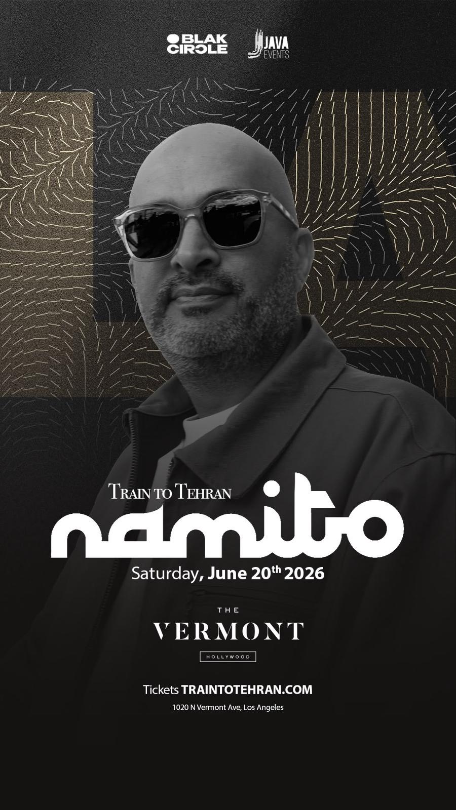 Promotional poster for the event 'Train to Tehran' featuring a man in sunglasses; shows date Saturday, June 20, 2026, at The Vermont Hollywood, with tickets at traintottehran.com.