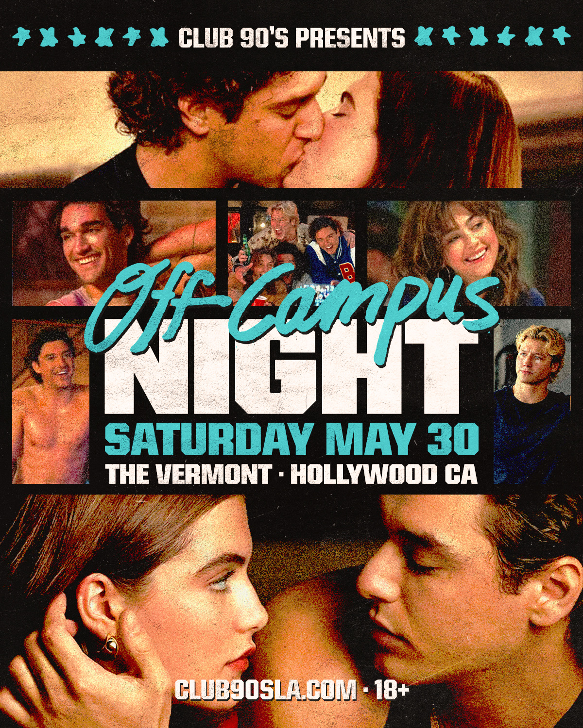 Event poster for Club 90's Presents 'Off Campus Night' with a collage of 90s photos, turquoise script text, announcing Saturday May 30 at The Vermont in Hollywood, CA; 18+