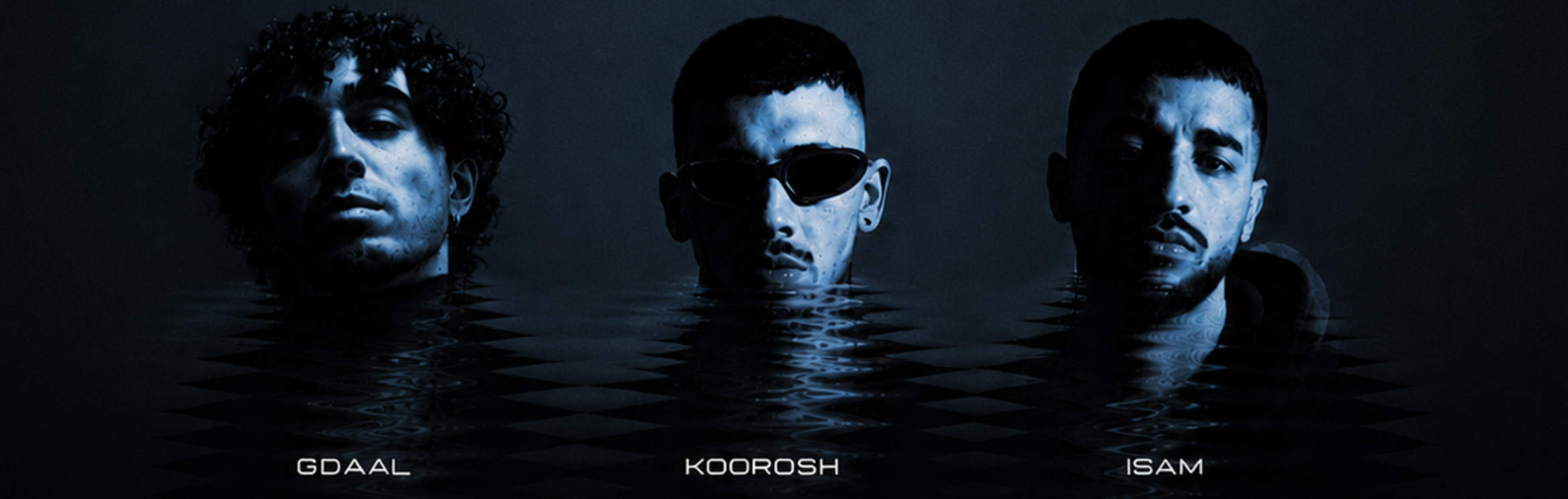 Promotional photo of three musicians with blue lighting and water-reflection effects, labeled GDAAL, KOOROSH, ISAM at the bottom.