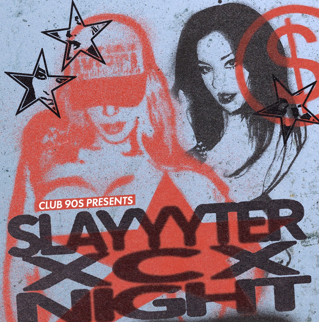 Event poster for Club 90s: 'Slammer Night' in bold letters, featuring red graffiti elements, star motifs, and a female portrait in a retro collage style.