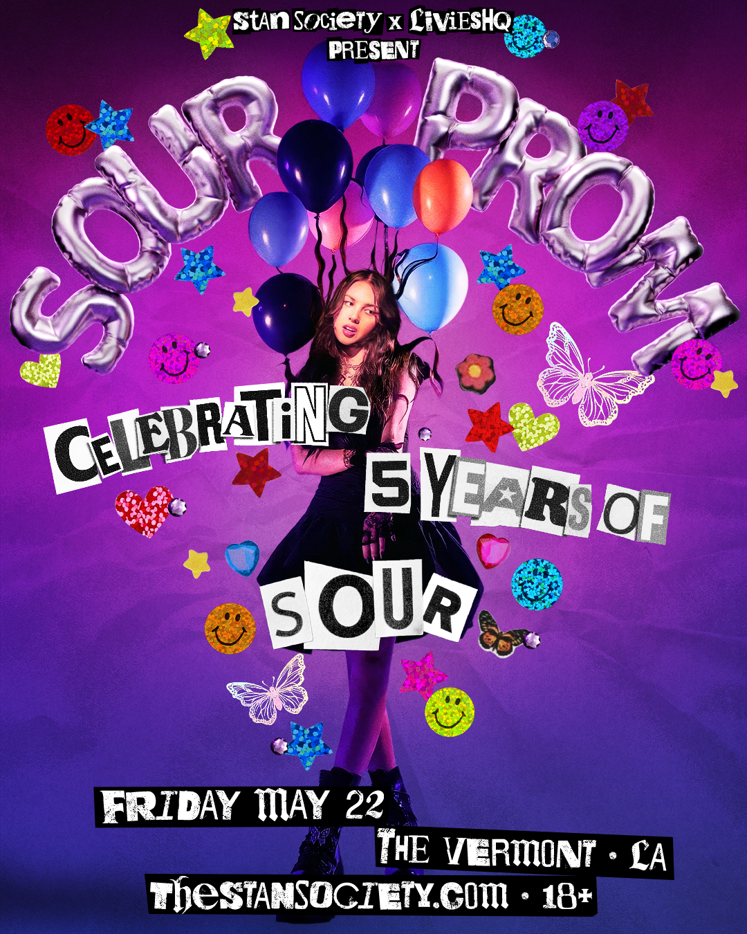 Promotional poster for a party: a girl with balloons against a purple background, with bold cut-out text reading 'Celebrating 5 Years of Soul' and date/location details at the bottom.