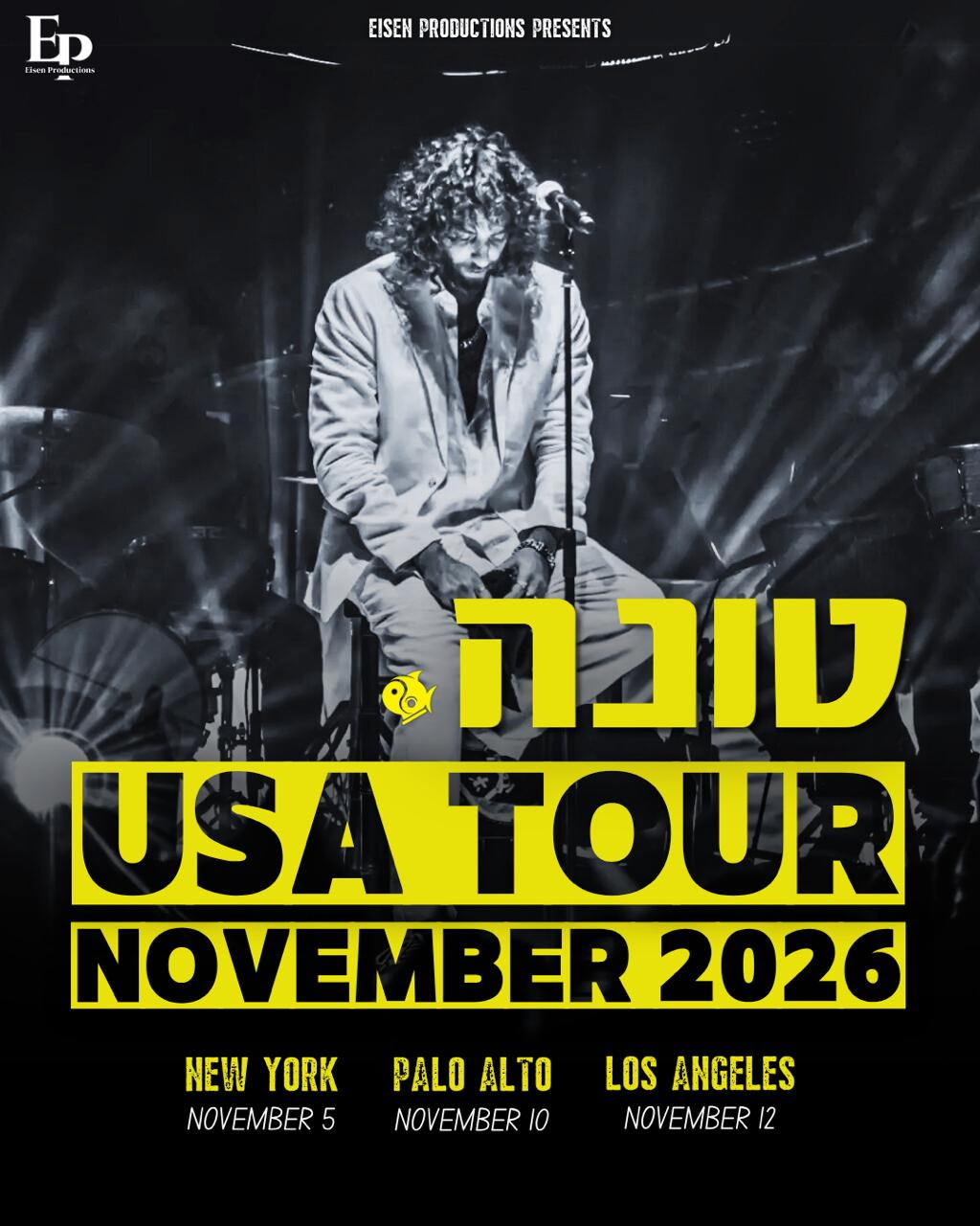 Concert poster featuring a curly-haired male singer on stage with a mic; bold yellow text reads 'USA TOUR NOVEMBER 2026' with city dates listed below (New York, Palo Alto, Los Angeles).