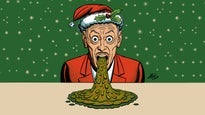 Cartoon Santa looks shocked as a green vomit-like substance spills from his mouth onto a plate.