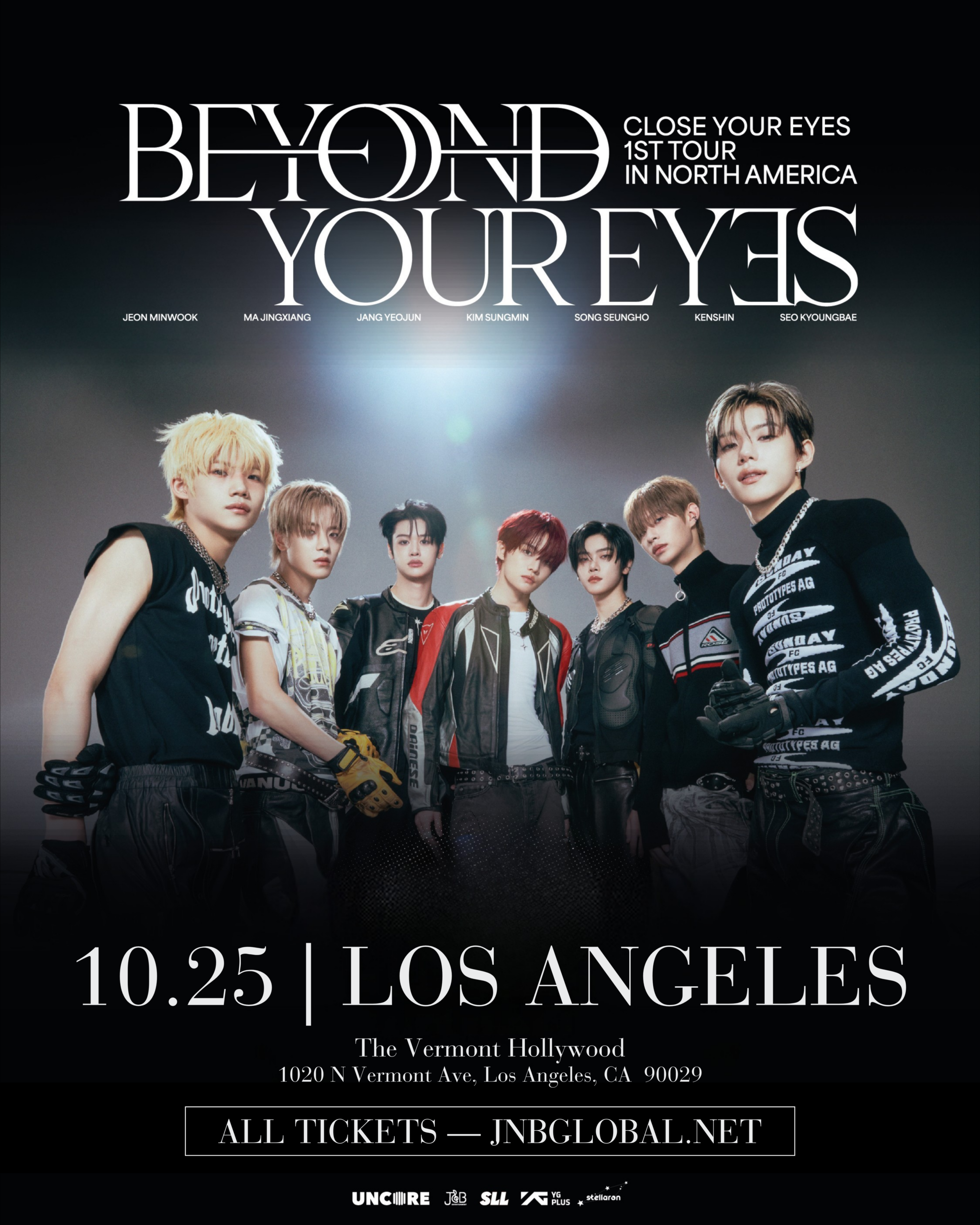 Poster promoting 'BEYOND YOUR EYES' tour with a nine-member K-pop group in black outfits, date and location shown (10.25 Los Angeles) and venue at The Vermont Hollywood.
