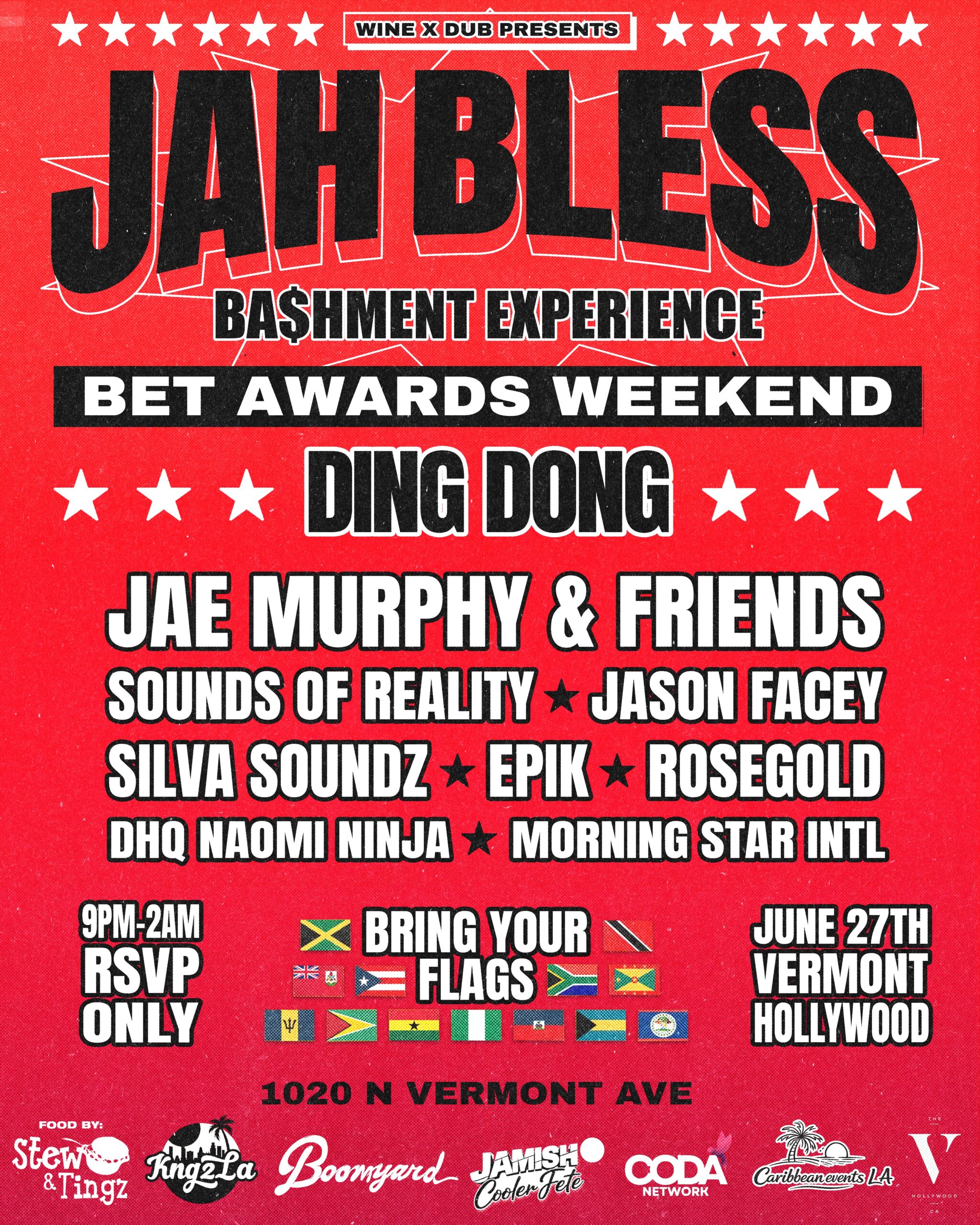Poster for Jah Bless Bashment Experience during BET Awards Weekend, listing multiple artists (e.g., Ding Dong, Jae Murphy & Friends) and sponsor logos with flag illustrations in a red, black, and white design.