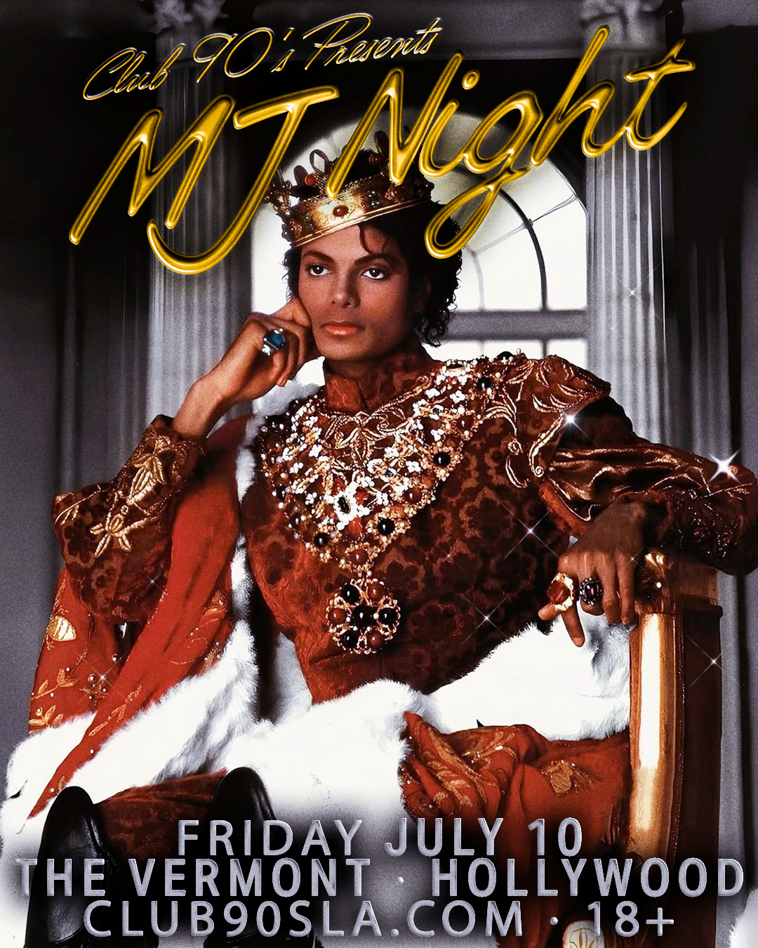 Poster promoting 'MJ Night' showing a person in an ornate red royal costume with crown and heavy jewelry, seated with a regal pose and gold script title across the top.