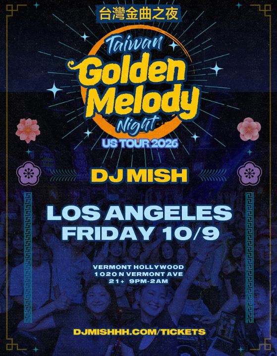 Concert poster for Taiwan Golden Melody Night starring DJ Mish; announces Los Angeles show Friday 10/9 at Vermont Hollywood with crowd image in blue tones.