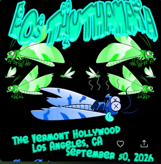 Neon concert poster on black background with turquoise title and green insect illustrations around a blue curled bug, bottom lists event details and date.