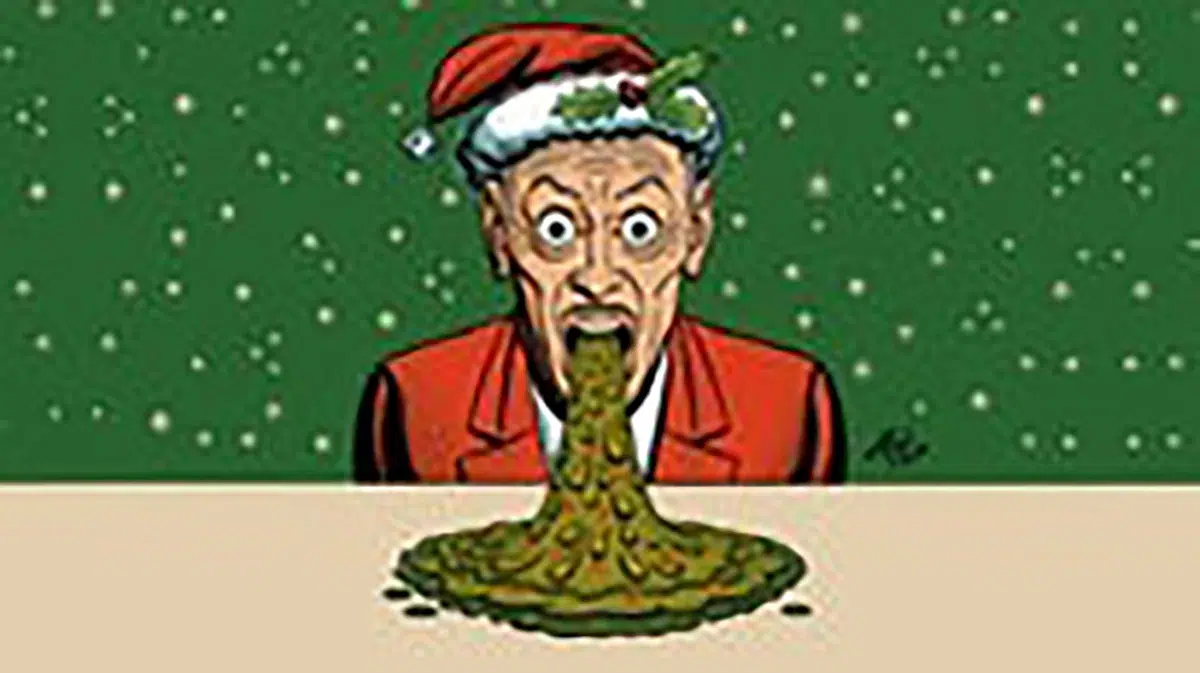 Comedic Christmas event artwork with Santa hat character, The Vermont Hollywood