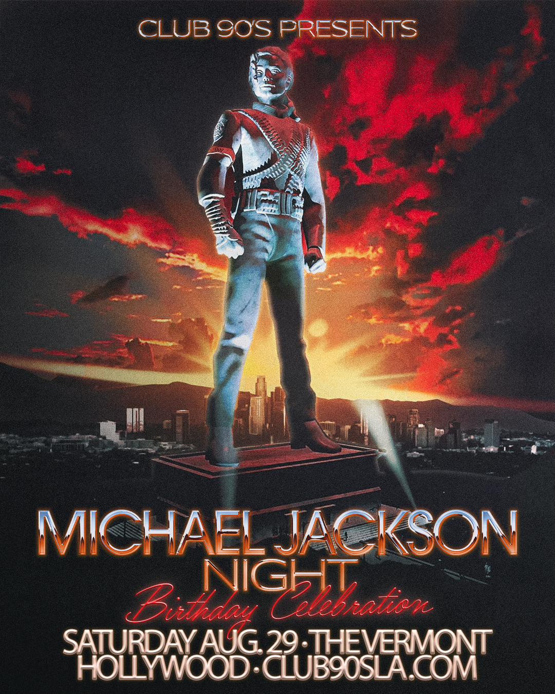Neon-styled poster showing a statue of Michael Jackson on a pedestal over a city skyline at sunset, with 'MICHAEL JACKSON NIGHT' and 'Birthday Celebration' text.