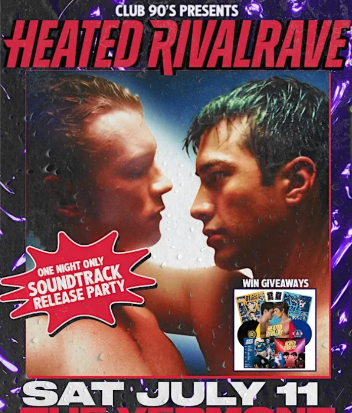 Poster for Heated Rivalry soundtrack release party, showing two men facing off; bold title at top and date Sat July 11 at bottom.