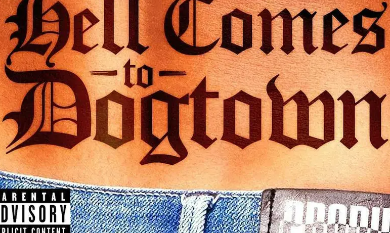 Album cover: title 'Hell Comes to Detroit' in black Gothic font over an orange gradient with denim texture and a parental advisory label.