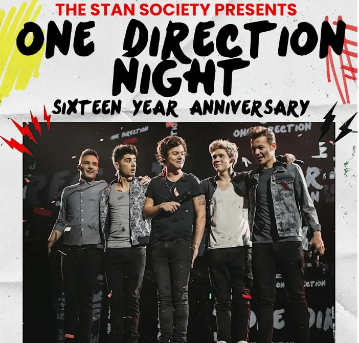 Poster for 'One Direction Night' - The Stan Society presents a sixteen-year anniversary event with a photo of the band on stage backdrop. It includes bold red and black typography at the top.