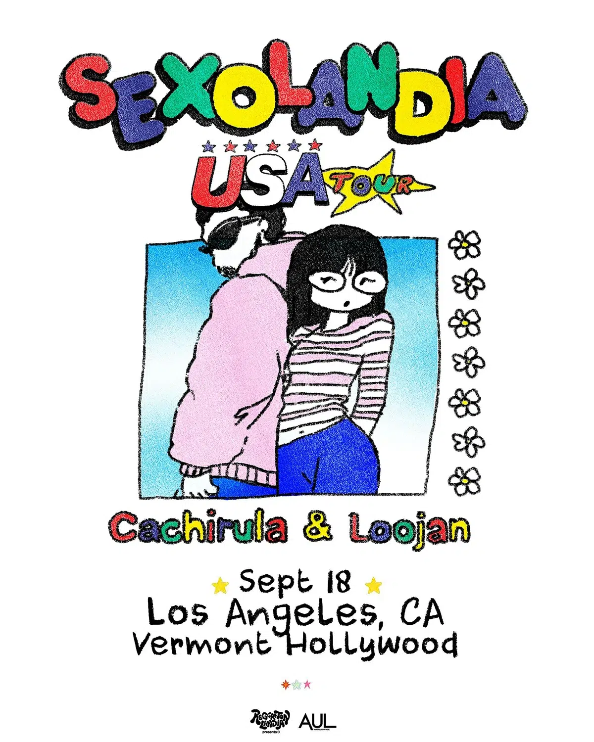 Cachirula & Loojan Sexolandia tour flyer with colorful cartoon illustration, Vermont Hollywood
