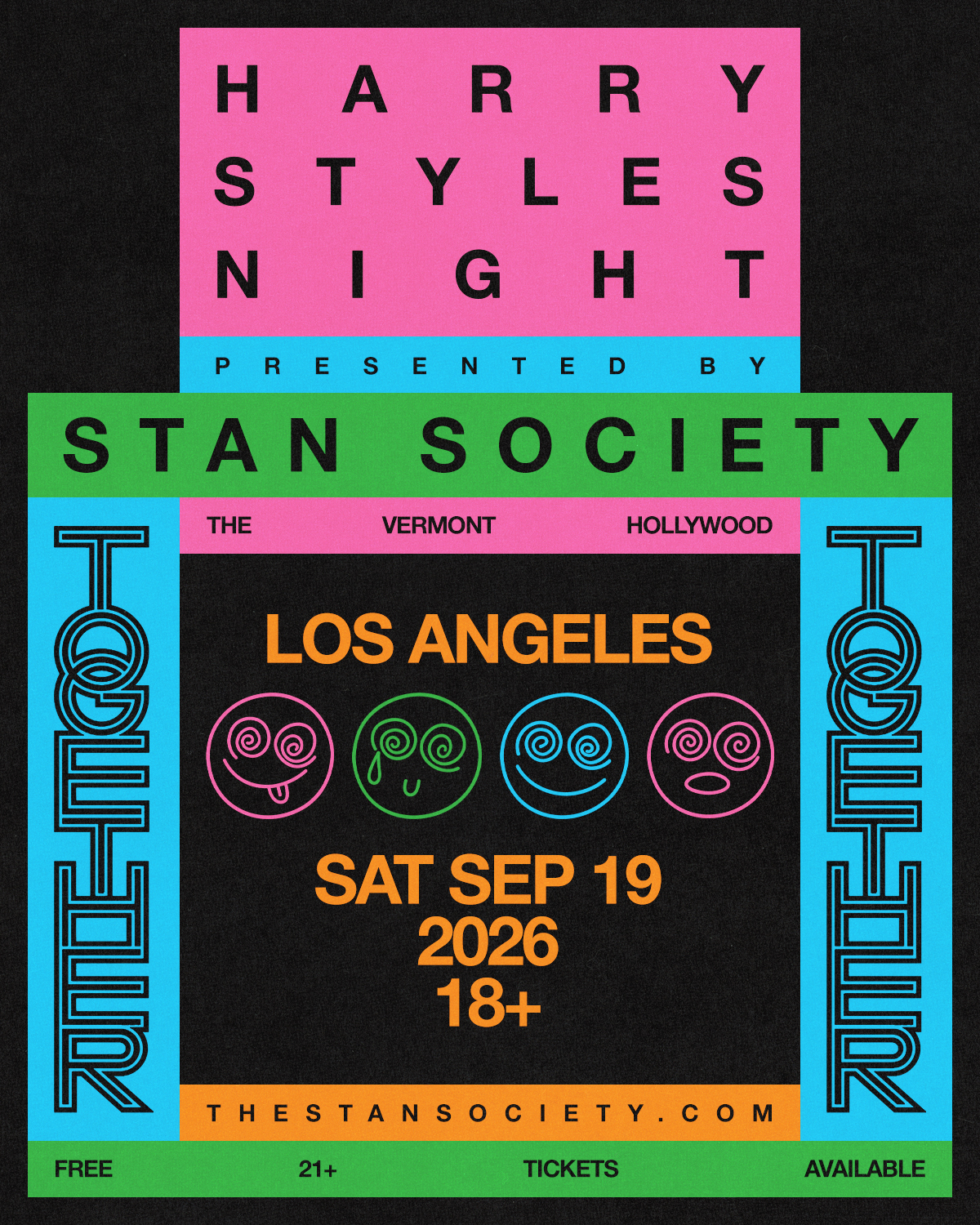 Stan Society Harry Styles Night poster with neon colors and smiley faces, The Vermont Hollywood