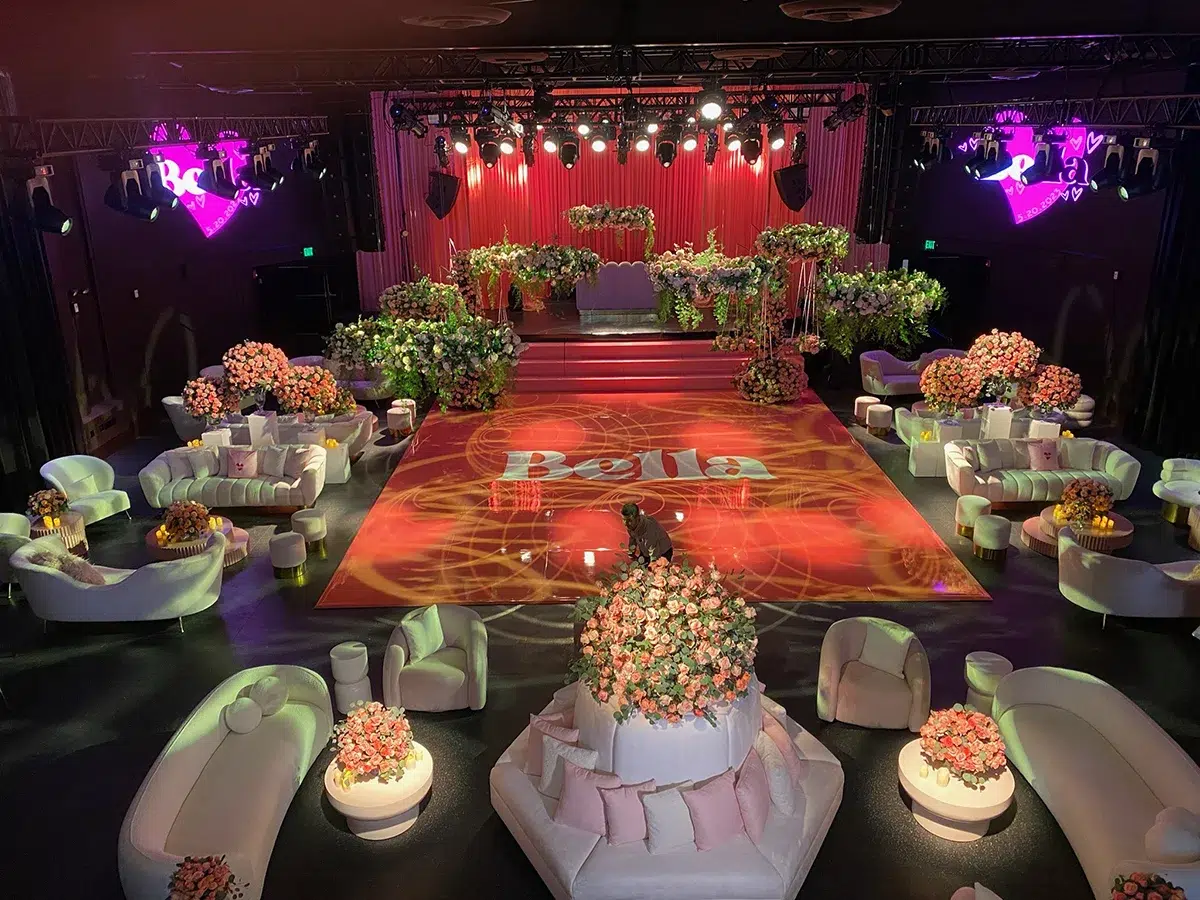Vermont Hollywood venue rental with custom dance floor, lounge seating, and floral decor